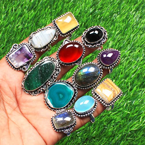 Carats Chunky Silver Rings Pack for Women - 10 Pcs - Stackable Fashion Ring Set, Silver Plated Statement Knuckle Handmade Gemstone Gothic Vintage Rings for Women