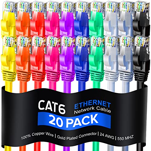 Maximm Cat 6 Ethernet Cable 20 Ft, 100% Pure Copper, Cat6 Cable (24 Pack) LAN Cable, Internet Cable, Patch Cable and Network Cable - UTP (Multicolor) 20 Feet