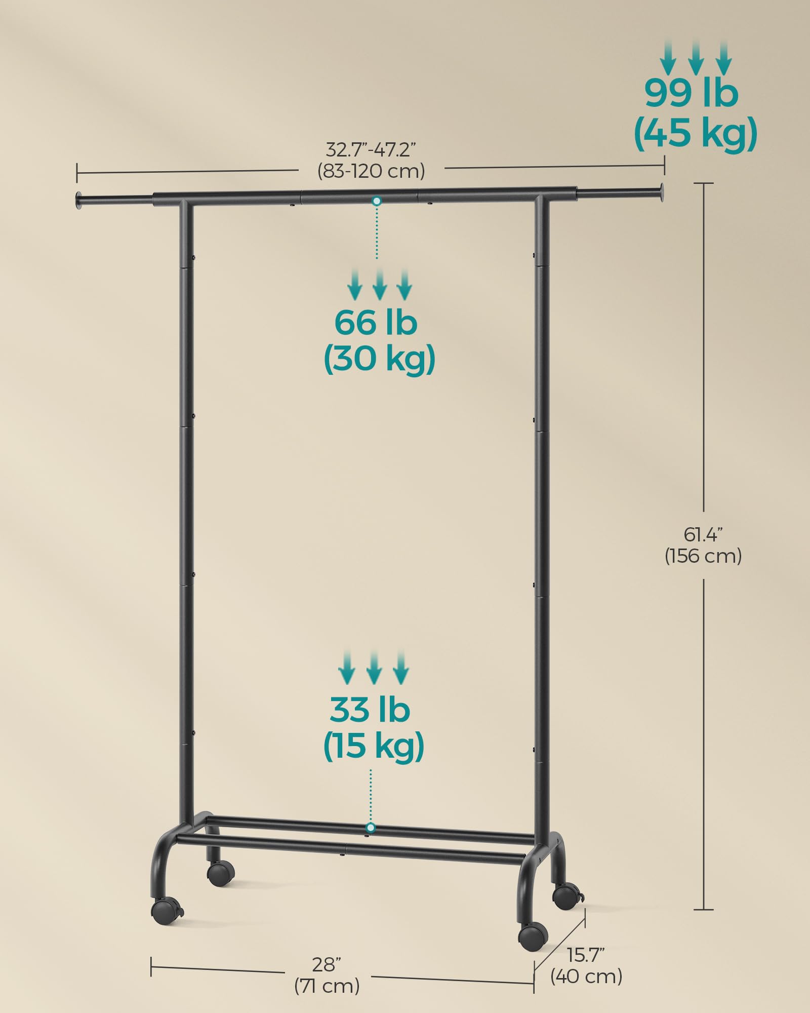 SONGMICS Clothes Rack, Clothing Rack for Hanging Clothes with Wheels, Garment Rack with Extendable Hanging Rail, 99 lb Total Max. Load, 15.7” x 32.7”-47.2” x 61.4”, Ink Black UHSR134B01