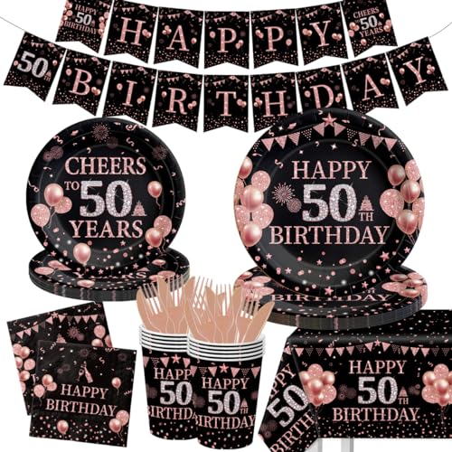 142Pcs Rose Gold 50th Birthday Decorations-Happy 50th Birthday Disposable Tableware for Women Rose Gold Birthday Plates and Napkins Set Serves 20 Guests