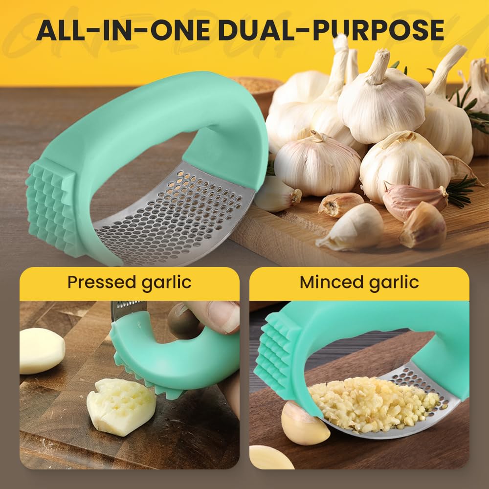 2024 Upgrade Stainless Steel Garlic Presser, Garlic Press Rocker Garlic Mincer Garlic Crusher with Peeler and Cleaning Brush, Stainless Steel Garlic Mincer for Smash Garlic Kitchen Tools (black)