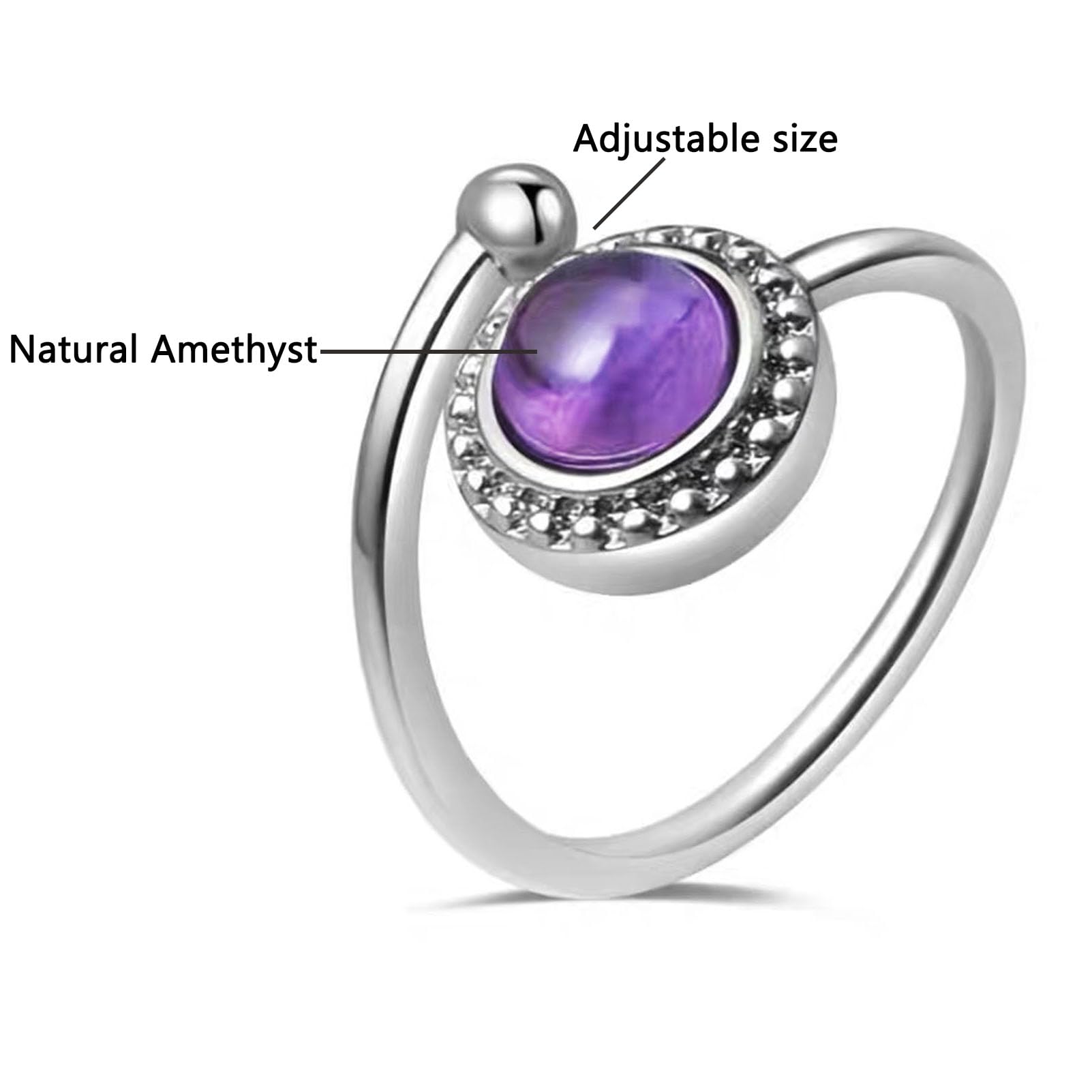 Amethyst Ring, Adjustable Silver Crystal Rings for Women, Vintage Handmade February Birthstone Ring Jewelry Gift (Amethyst)