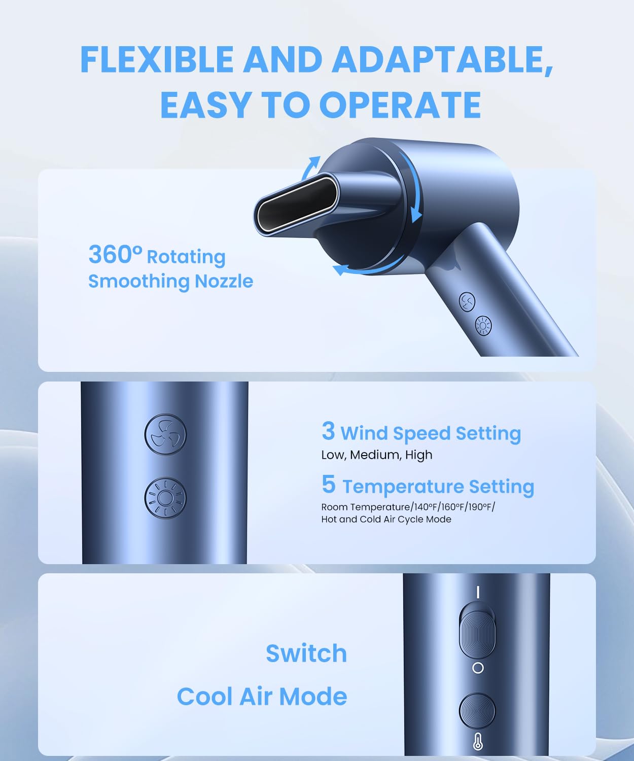 LAMPICK Hair Dryer, 150000 RPM Lightweight High Speed Ionic Blow Dryer for Fast Drying, 500 Million Negative Ions Care & Heat-Control Hairdryer with Magnetic Diffuser & Nozzle, 5 Temps & 3 Speeds