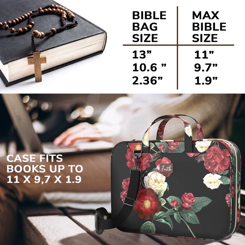 DEHITE Grey Floral Bible Cover Case for Women – Bible Carrying Bag Large Size – | Book Size 10.12 x 7 x 1.9 in | Pen Slot | Zippered Pocket | Shoulder Strap | Premium Fabric|