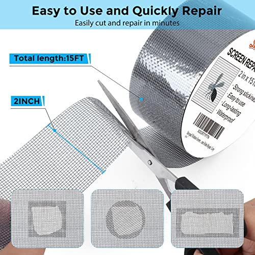 Secopad Grey Window Screen Repair Tape, 2 in X 15 FT (180IN) Screen Repair Kit for Windows or Doors Screen Repair, Strong Adhesive Screen Patch Repair Kit Fiberglass Screen Tape Mesh Repair