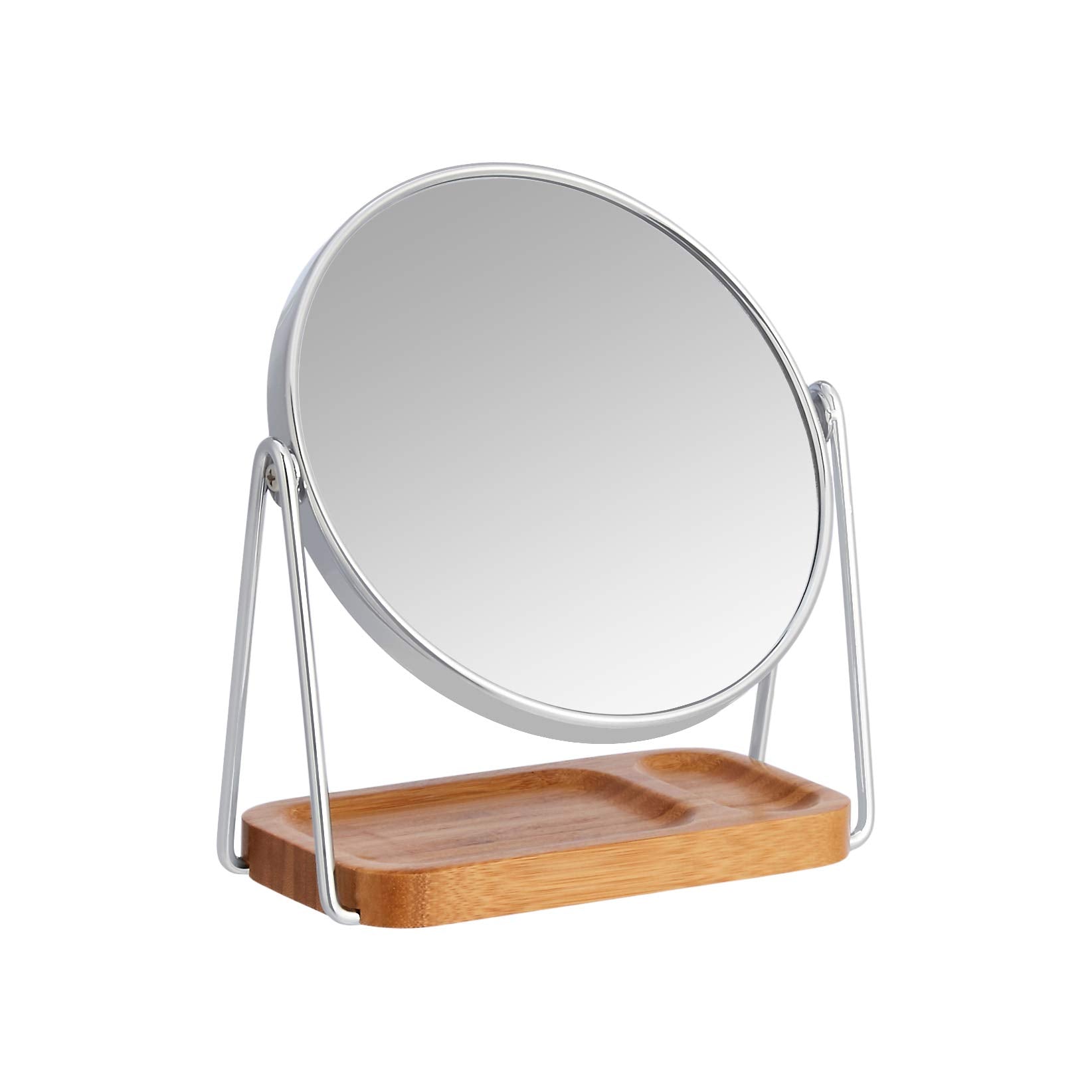 Amazon Basics Vanity Round Tabletop Mount Mirror with Squared Bamboo Tray Magnification, Chrome & Bamboo, 7.2"L x 3.35"W