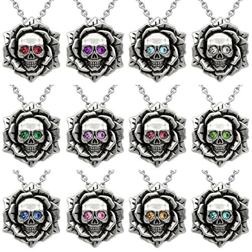 Skull Rose Birthstone Necklace With Crystal 17" - 19" Adjustable Chain (01-January - Darker Red)