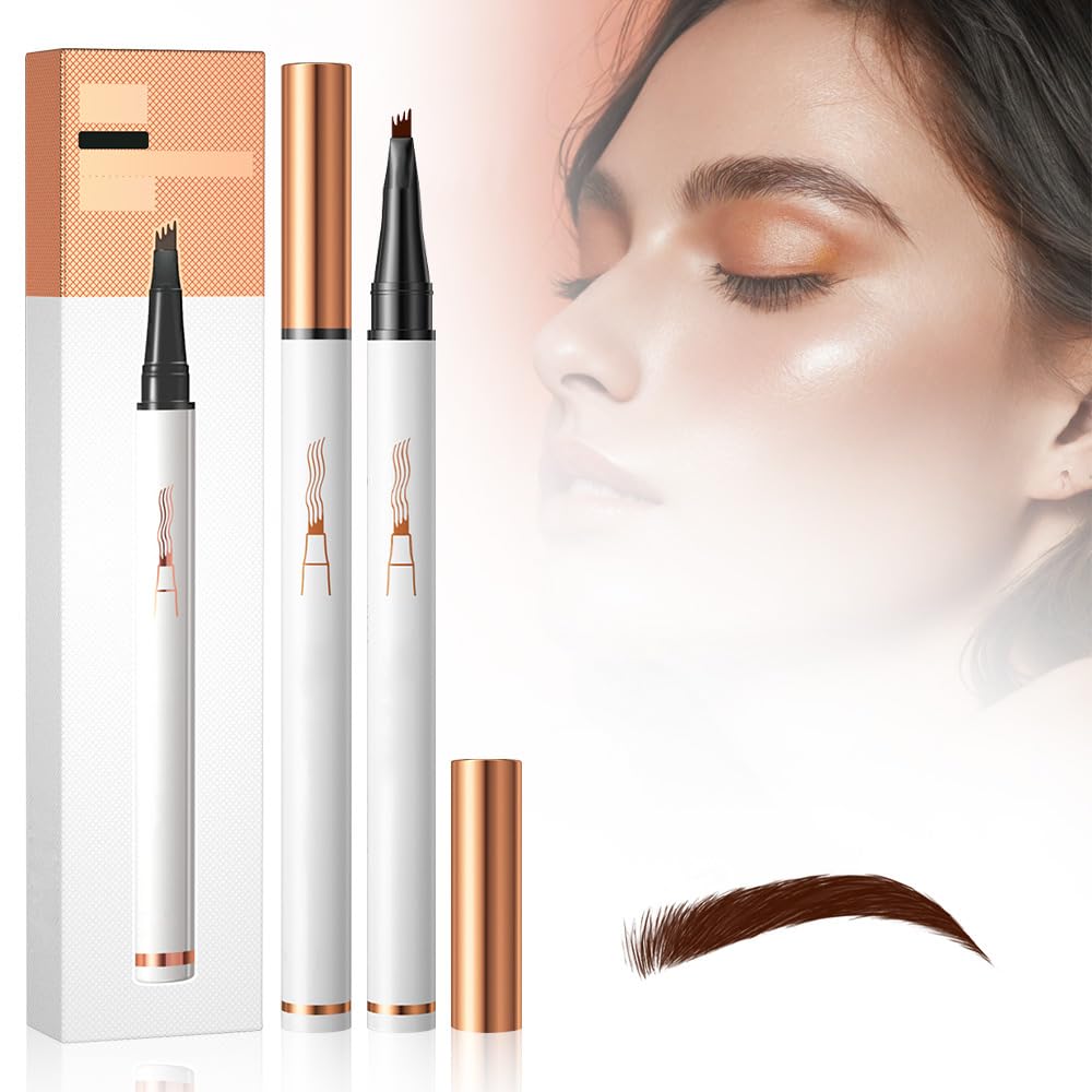 Microblading Eyebrow Pencil 2PCS, 2025 New 3D Waterproof Eyebrow Microblading Pen 4 Fork Tip, Magic Eyebrow Pencil Makeup Long-Lasting Eyebrow Pencil with Micro Fork Tip (Dark Brown)