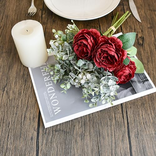 Mandy's 9pcs Burgundy Artificial Silk Fake Fall Flowers Arrangements Peony Bouquet for Mother's Day Easter Wedding Bridal Shower Centerpieces Party Home Decor