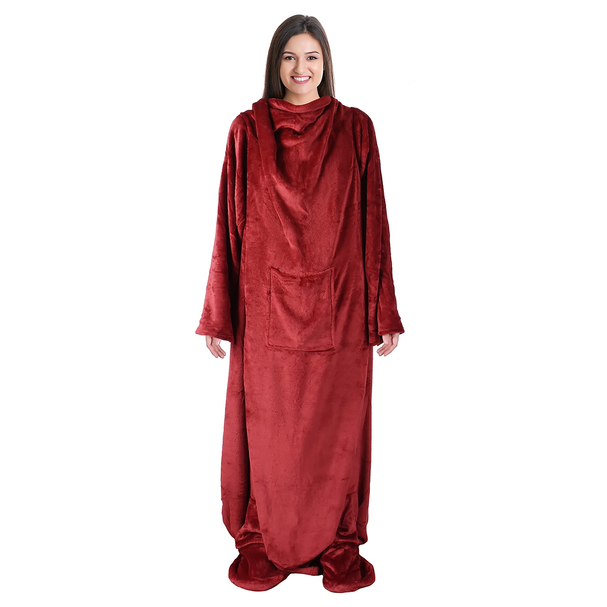 Catalonia Wearable Fleece Blanket with Sleeves and Foot Pockets for Adult Women Men, Micro Plush Comfy Wrap Sleeved Throw Blanket Robe Large, Wine