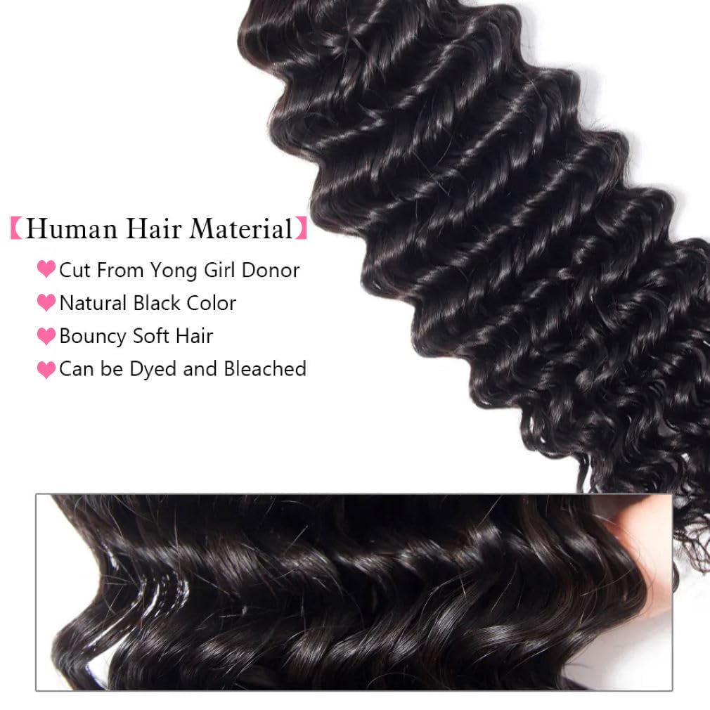 Deep Wave Bundles Human Hair Brazilian Virgin Hair Bundles（18 20 22 inch）Curly Bundles Wet and Wavy Human Hair Weave Bundles Double Weft Hair Weave Natural Black