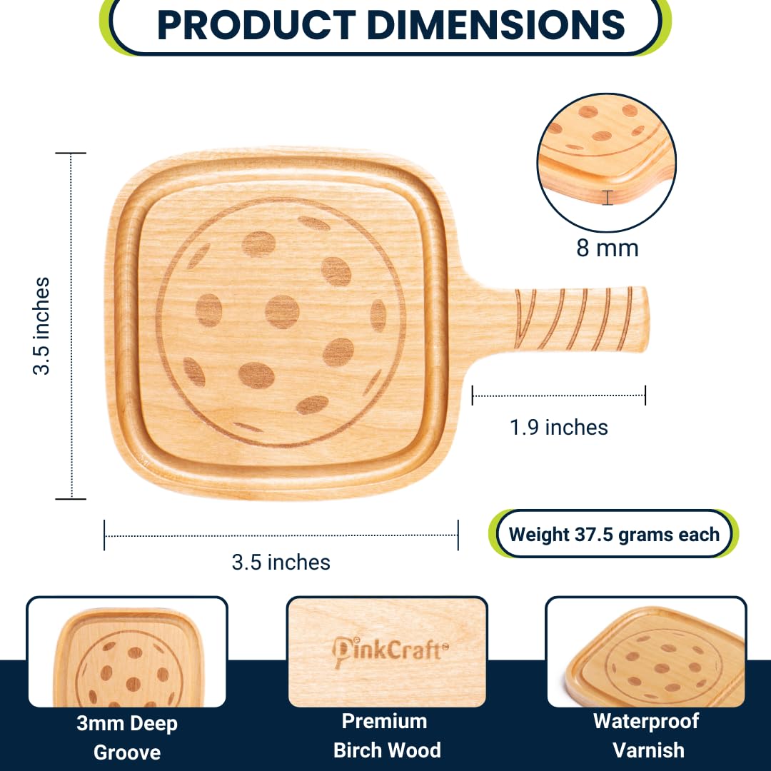 Pickleball Drink Coasters, 2/Pack, Pickleball Gift, Party Decoration, Birch Wood Coaster Set, 3.5 x 3.5”, Paddle Shape with Handle, Varnished Finish