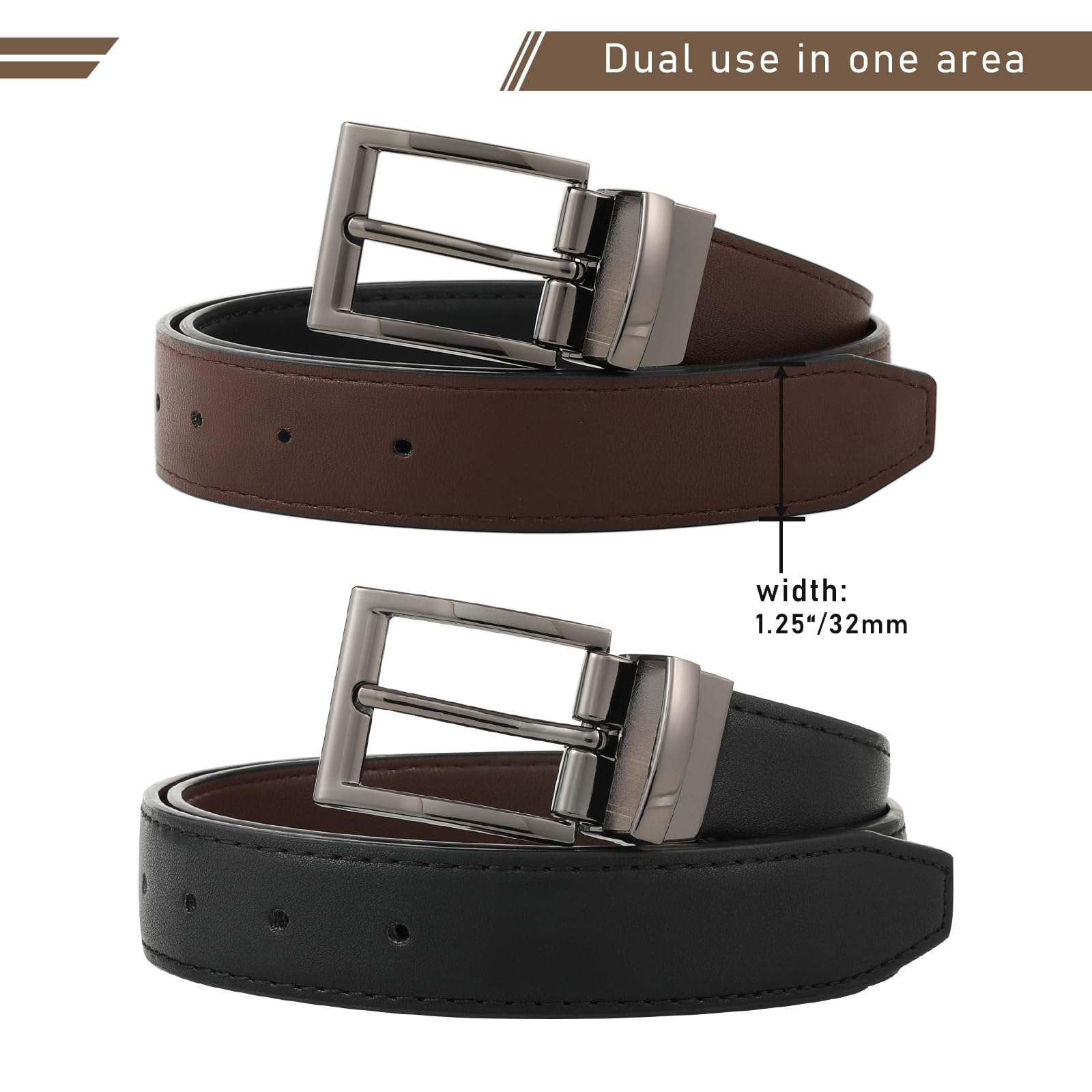 AWAYTR Reversible Leather Belt for Women - Two Color-in-One Belt for Jeans Women Men Belt with Rotated Buckle(Coffee/Black with Gun Color Buckle 39in(100cm))