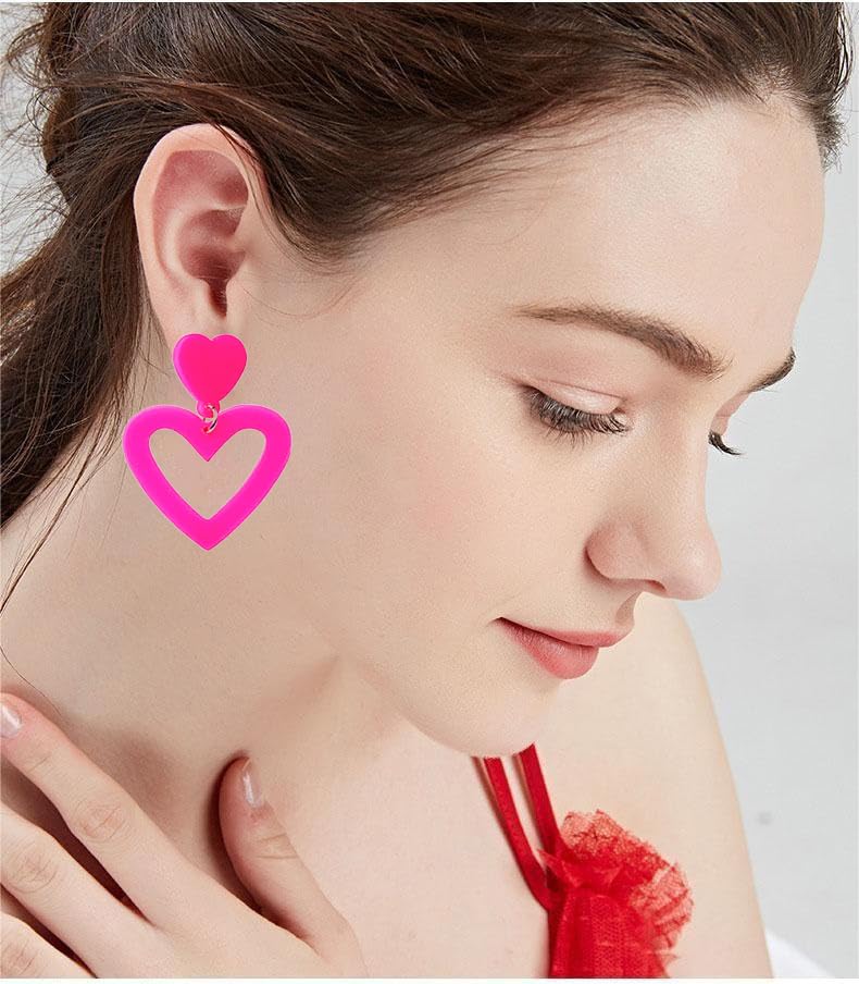 Pink Heart Dangle Earrings for Women, Vibrant Pink Party Earrings Cute Acrylic Love Heart Stud Earrings Valentine's Day Earrings Gift for Lover Wife (Corol)