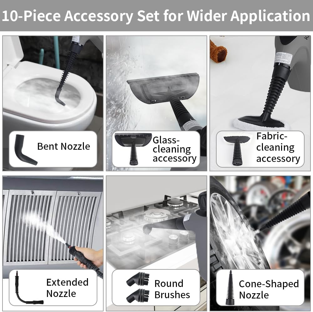 Kiato Handheld Steam Cleaner, 10 in 1 Handheld Steamer for Cleaning, Upholstery Steam Cleaner for Surface Cleaning Home, Sofa, Car, Office (Grey)