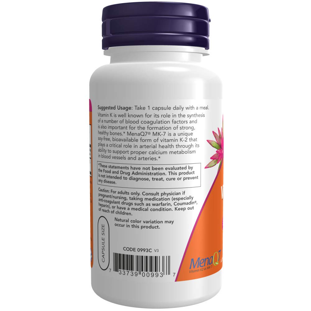 NOW Supplements, MK-7 Vitamin K-2 100 mcg, Cardiovascular Support*, Supports Bone Health*, 120 Veg Capsules