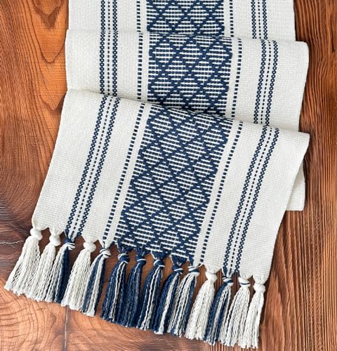 Farmhouse Style Braided Woven Table Runner Bridal Textured Woven Table Runner with Tassels Vintage Rustic - Modern Boho Chic Decor for Dresser or Dining Table (Blue, 14x48 inch)