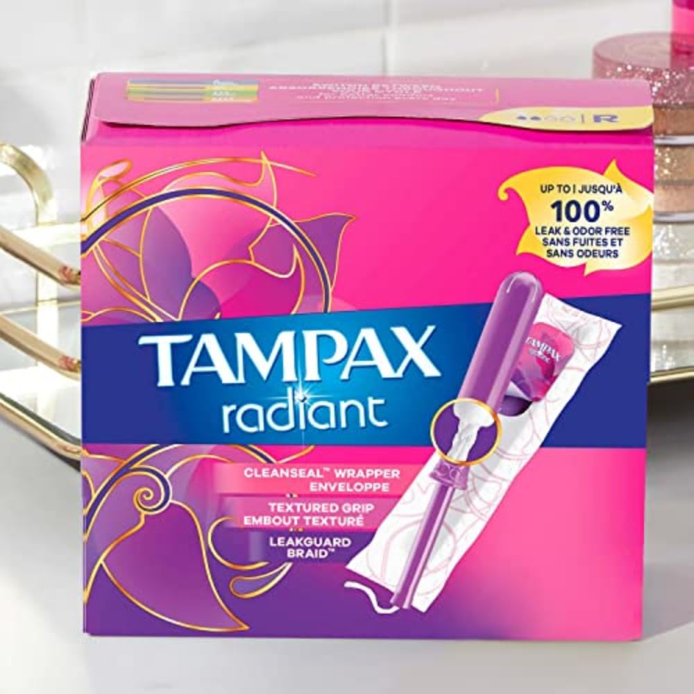 Tampax Radiant Tampons With Leakguard Braid, Super Absorbency, Unscented, 28 Count x 3 Pack (84 Count Total)