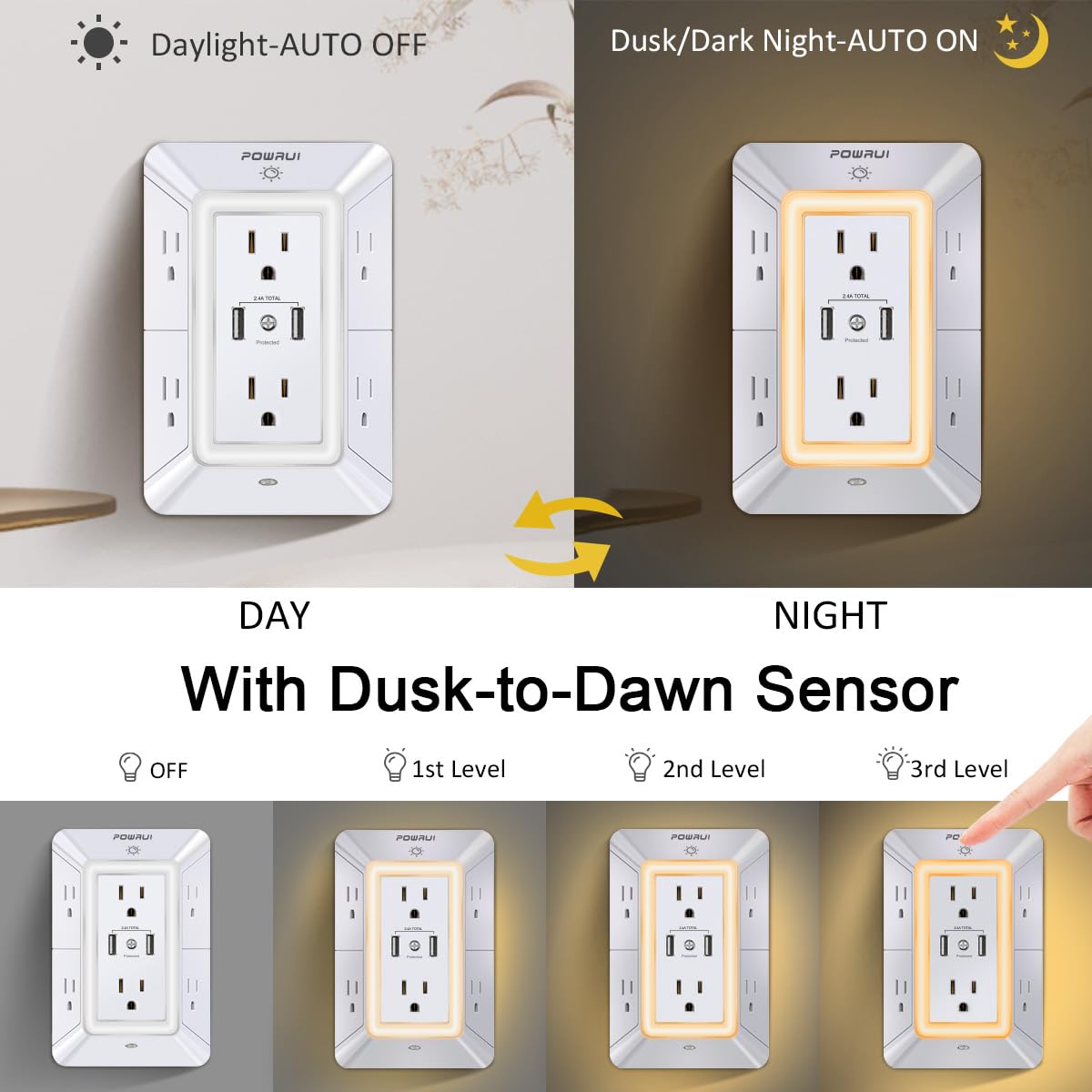 USB Wall Charger, Surge Protector, POWRUI 6-Outlet Extender with 2 USB Charging Ports (2.4A Total) and Night Light, 3-Sided Power Strip with Adapter Spaced Outlets - White，ETL Listed