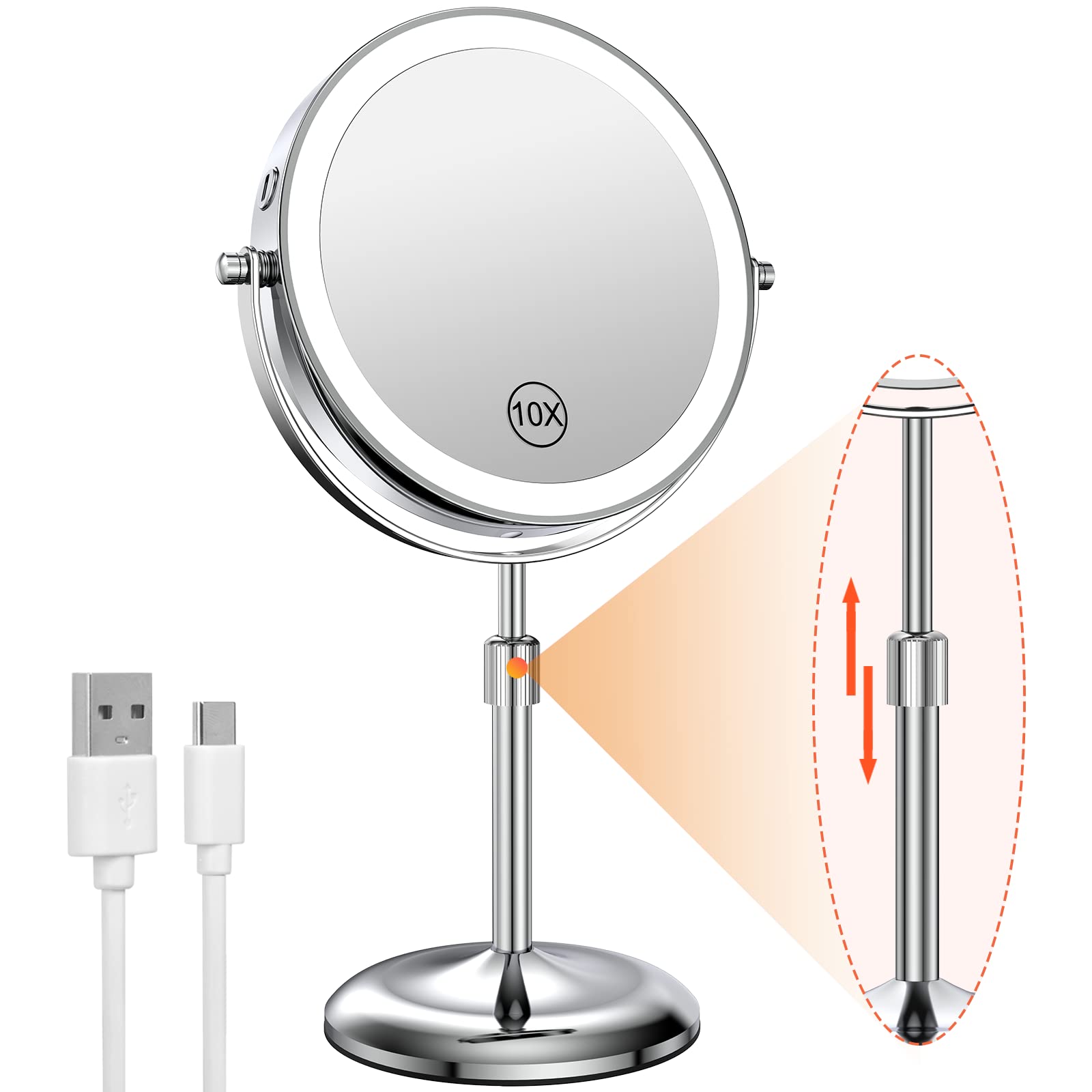 Benbilry Lighted Makeup Mirror with 10X Magnification & 3 Color Lights, Adjustable Brightness & Height, 7 Inch 360° Swivel Rechargeable LED Magnifying Mirror Make Up Mirror with Lighting (Silver)