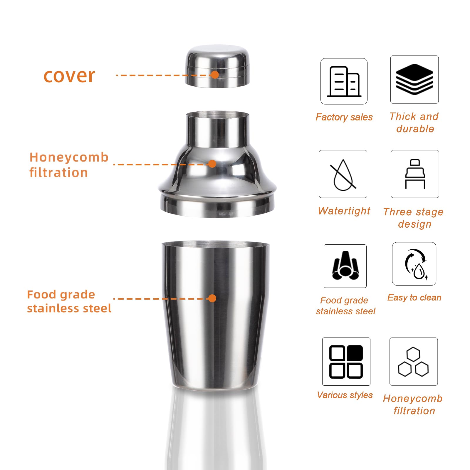 WELKOR 6 Piece 8oz Professional Cocktail Shaker Set with Built-in Strainer,Martini and Margarita Shaker for Home Bar, Boston Bartending Kit Gift for Beginners (250ml/8oz)