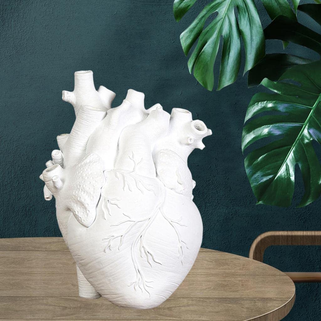 Prettyia Creative Vase, Anatomical Heart Flower Pot Sculpture Resin Statue, Modern Office Home Living Room Desktop Decoration, White 11.5x8x16.5CM