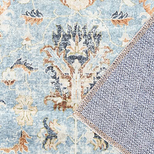 jinchan Area Rug 5x7 Washable Rug - Vintage Bedroom Rug Boho Floral Print Low Pile Thin Non-Slip Rug Retro Accent Rug Distressed Carpet for Living Room Dining Room Kitchen Office Light Blue