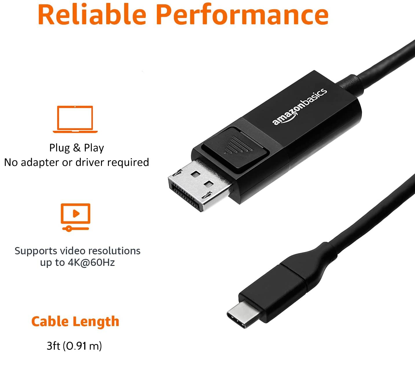 Amazon Basics Bi-Directional USB-C to DisplayPort Cable, 3-Foot, Black