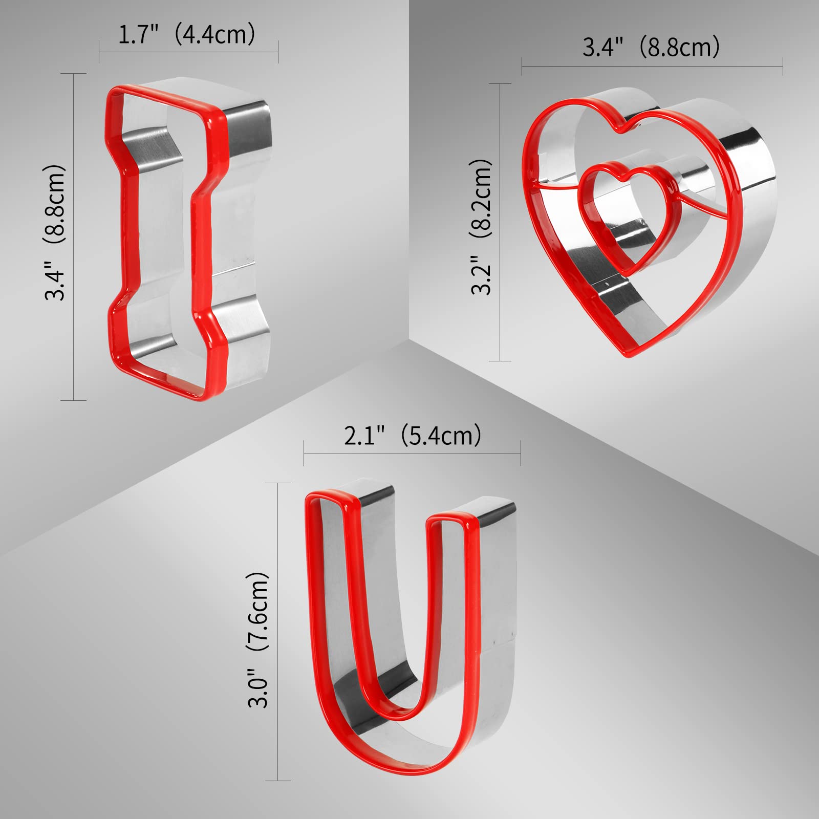 Valentines Cookie Cutter Set of 3, Stainless Steel I LOVE U Cookie Cutters, Valentine's Day Heart Cookie Cutters For Wedding Birthday Cake Decorations