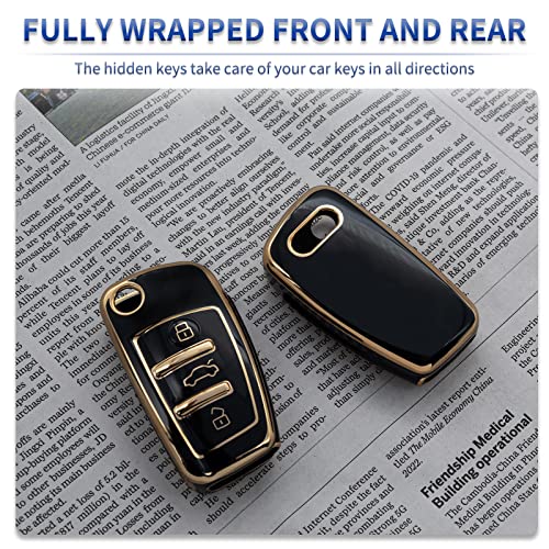 SK CUSTOM Black TPU Gold Edge Smart Key Fob Case Protective Cover Compatible with Audi A1 A3 A4 A5 A6 A8 Q3 Q5 Q7 R8 RS4 S3 S4 S5 S6 S8 TT 3 Button Keyless Car Remote Accessory