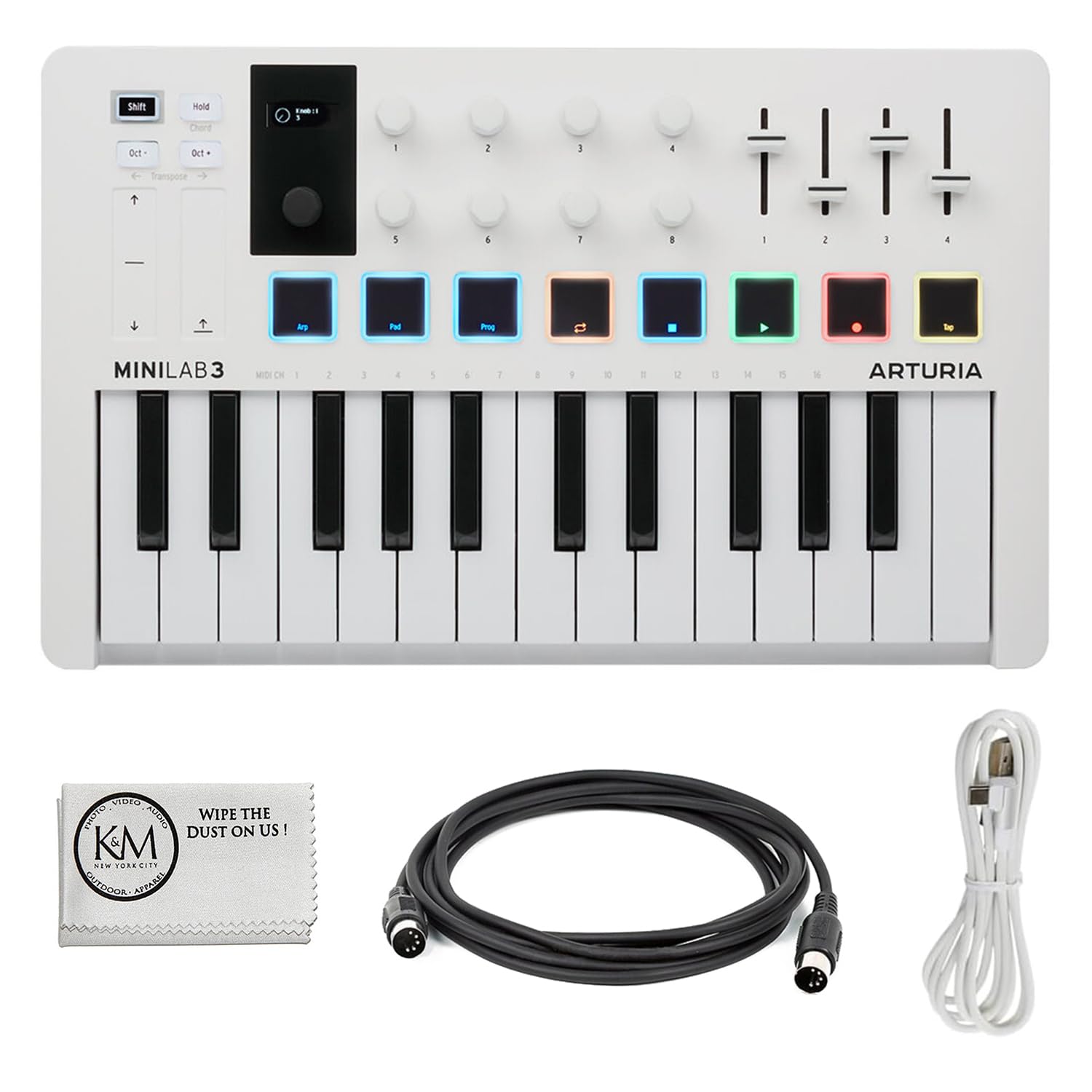 Arturia MiniLab 3 Compact MIDI Keyboard and Pad Controller (White) Bundle with 6ft MIDI Cable & Cleaning Cloth (3 Items)