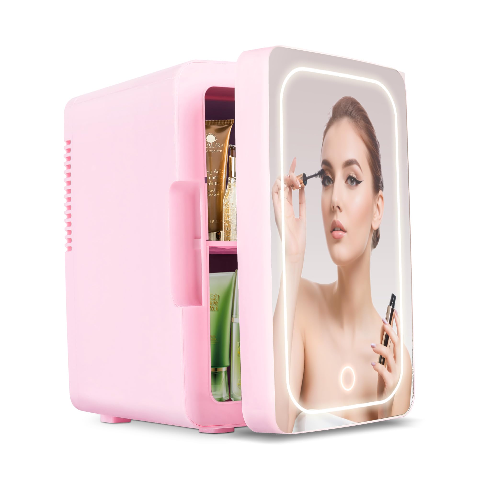 Mini Fridge for Bedroom 6L/8 Cans Skincare Fridge with LED Miroor Portable Cooler & Warmer 110V AC/12V DC Compact Small Refrigerator for Skin Care Cosmetic Beverages Drinks, Office Dorm and Car, Pink