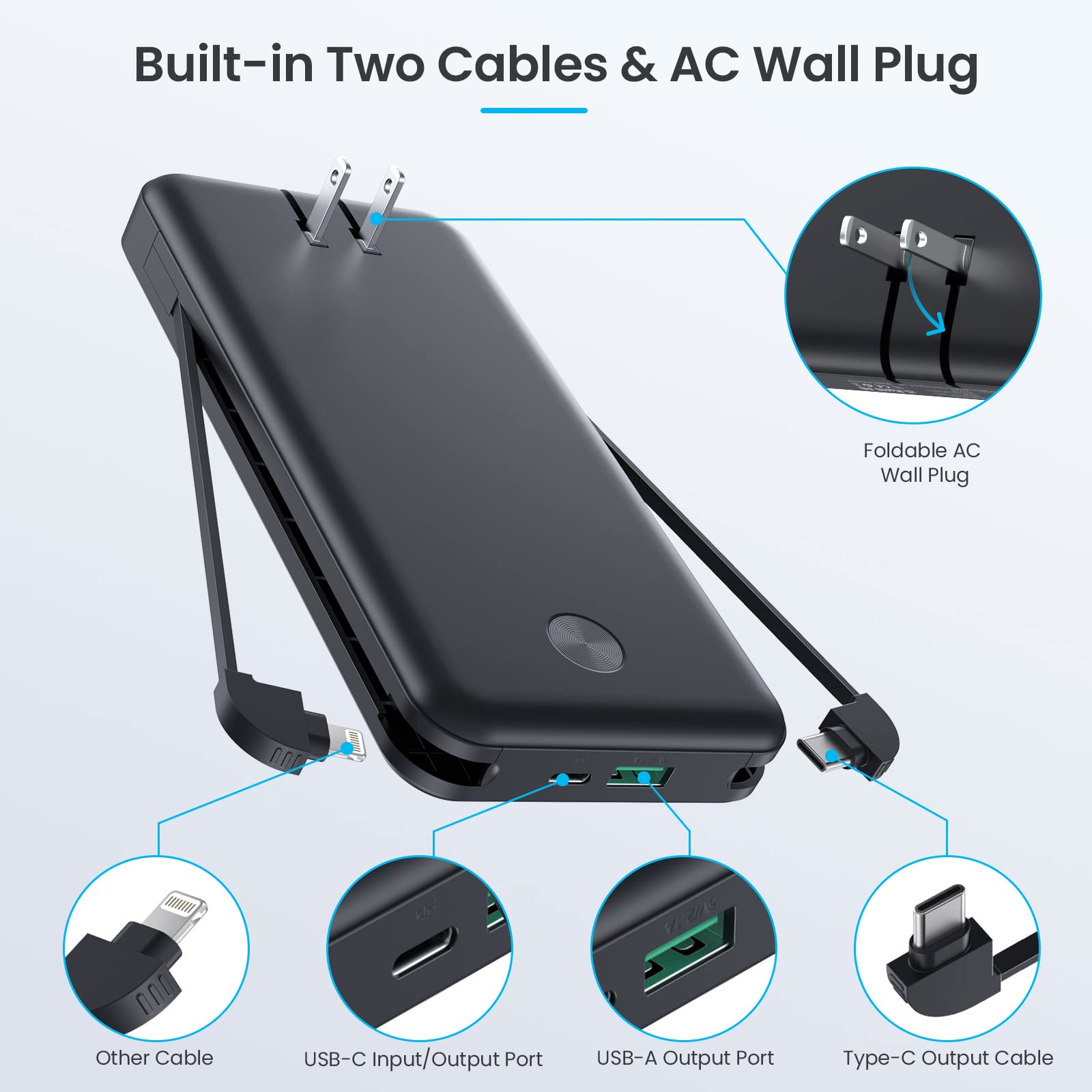 Portable Charger with Built-in Cables & AC Wall Plug,Upgraded 13800mAh USB-C Power Bank, 4 Output LCD Display External Battery Pack Phone Charger Compatible with iPhone 16/15/14/13 Samsung Android etc