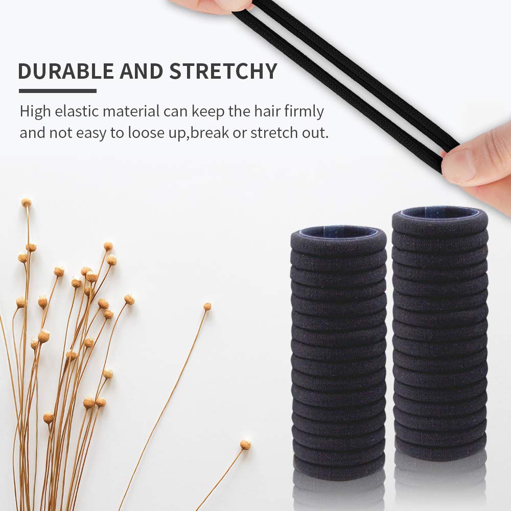 100PCS Black Hair Ties for Women Girls, Seamless Thick Black Hair Band, Elastic Hair Ties No Damage Ponytail Holder