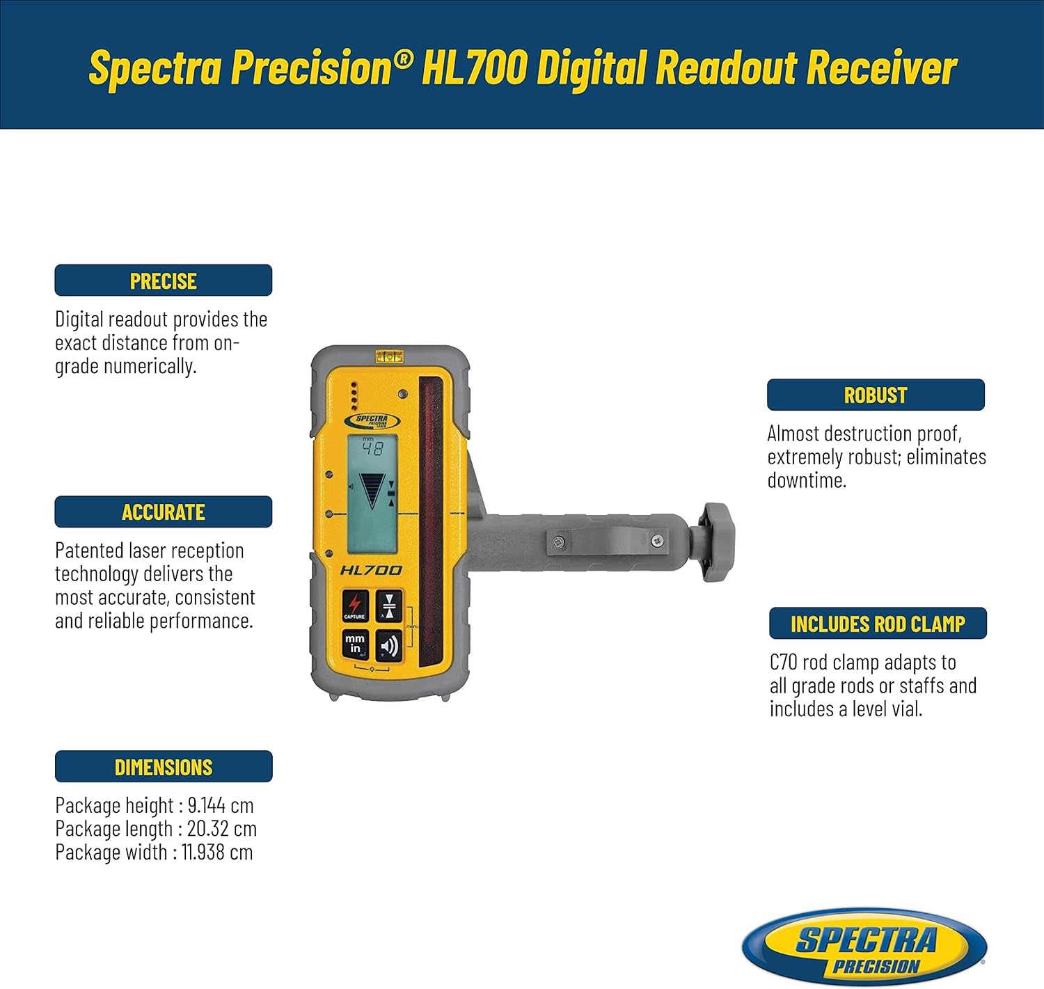 Spectra Precision HL700 Digital Readout Receiver for Basic & Advanced Performance, Huge 5 in (12.7 cm) Reception Height, Front & Rear LCD Displays, Waterproof and Weatherproof
