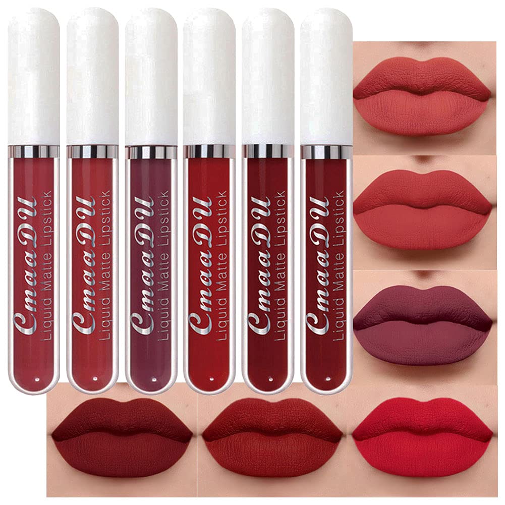 evpct CmaaDu 6Pcs Lipstick Matte Liquid Lipstick Lipgloss Set for Women, Dark Deep Bright Ruby Sexy Brick Red Mauve labiales mate 24 horas originales matte larga duracion 24 Hour Lipstick Long Lasting