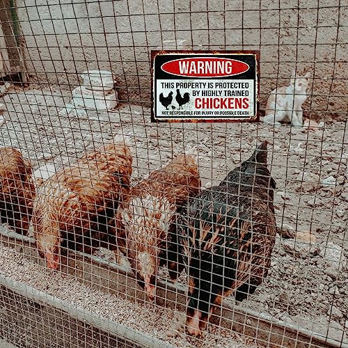 Funny Chicken Sign, Metal Chicken Coop Tin Signs, This property is protected by chickens, Yard Sign Garage Farm Garden Wall Decor Sign Plaque Outdoor for Home Fence 8 X 12 Inches