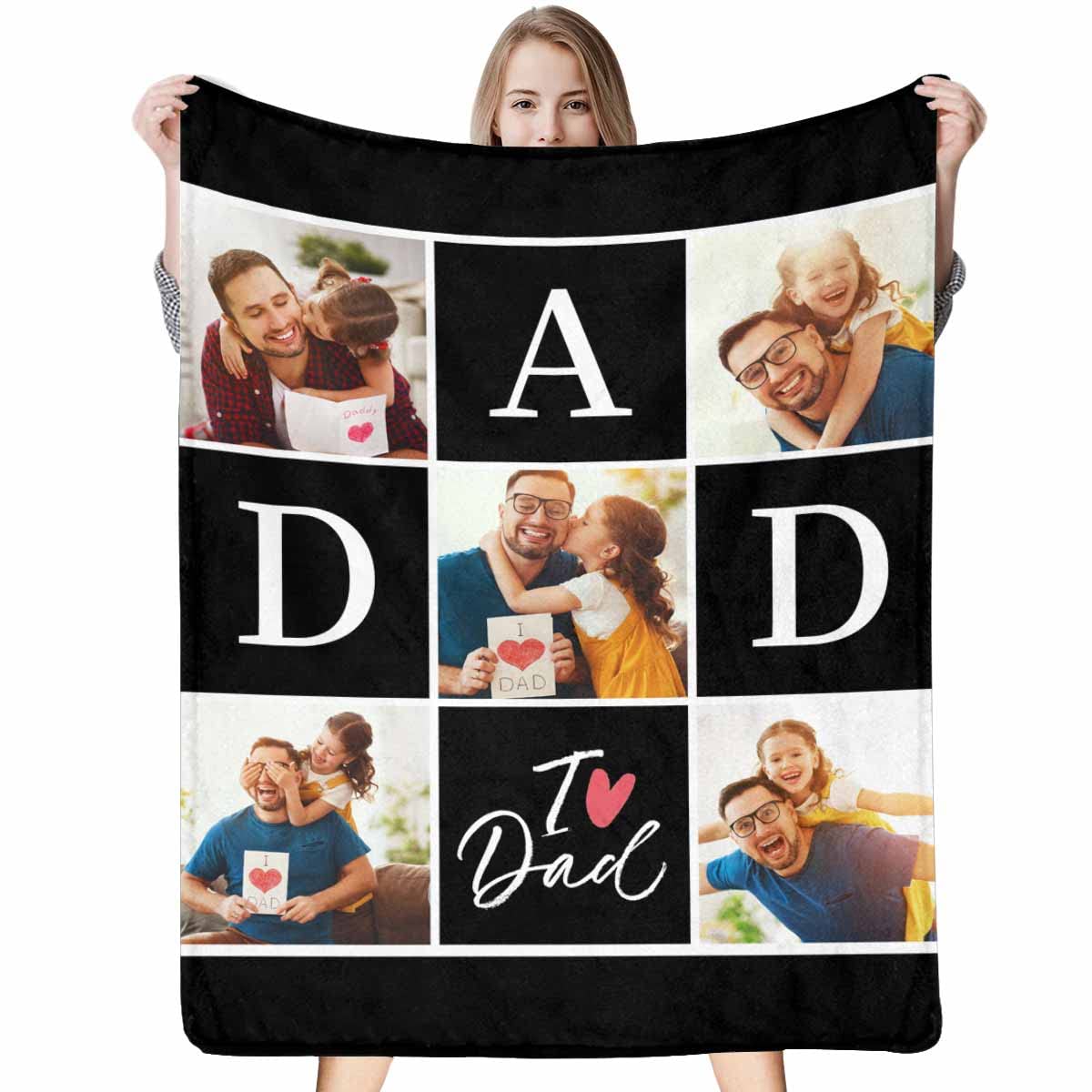 MyPupSocks Customized Blanket Gifts for Dad, Dad I Love Dad Heart with 5 Photos Blanket Personalized Blanket to Dad from Daughter Kids for Father's Day, Birthday Gifts for Men 30x40