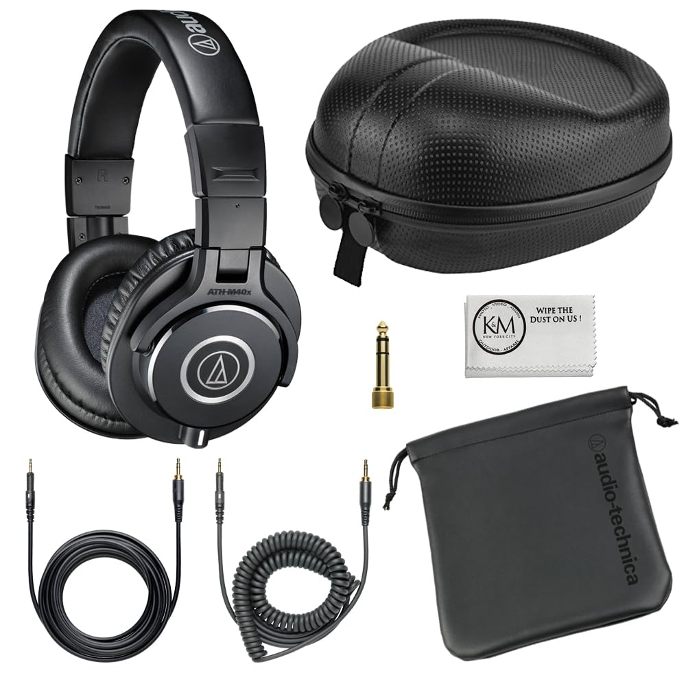 Audio-Technica ATH-M40x Professional Studio Monitor Headphones Bundle with Full Sized Hard Body Headphone Case and Microfiber Cleaning Cloth (3 Items)