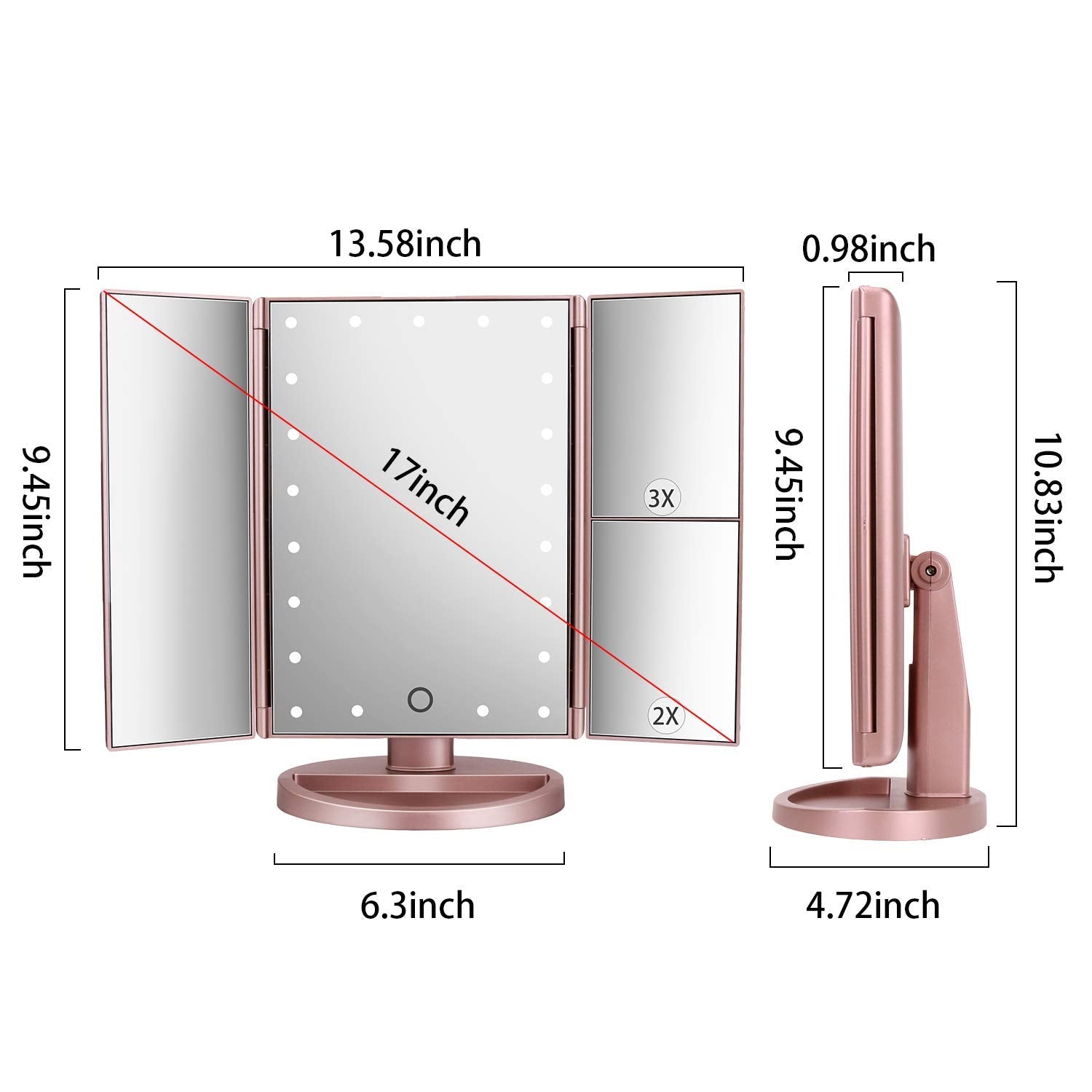 deweisn Dresser Mount Tri-Fold Lighted Vanity Mirror with 21 LED Lights, Touch Screen and 3X/2X/1X Magnification, Two Power Supply Modes Make Up Mirror,Travel Mirror