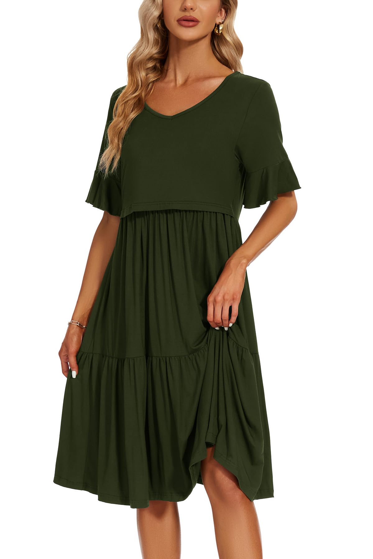 Smallshow Women's Maternity Nursing Dress Ruffle Short Sleeve Breastfeeding Clothes Medium Army Green