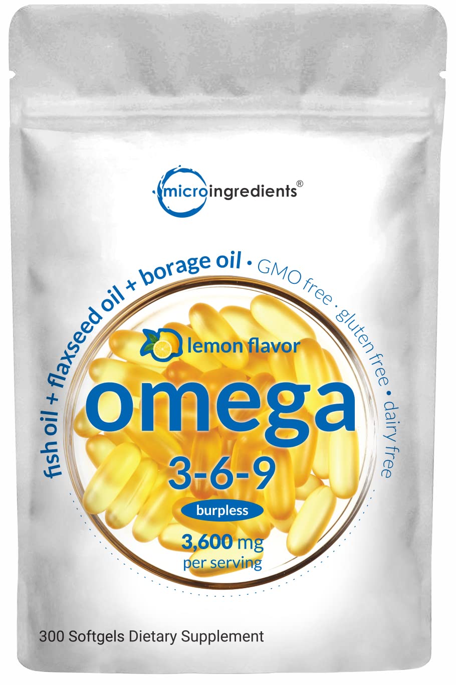 Ultra Omega 3-6-9 3600mg Perserv, 300 Burpless Softgels | Lemon Flavor – Blend of Fish, Flaxseed, Borage Oils | Bioavailable Source, Non-GMO, No Gluten, Mercury Free