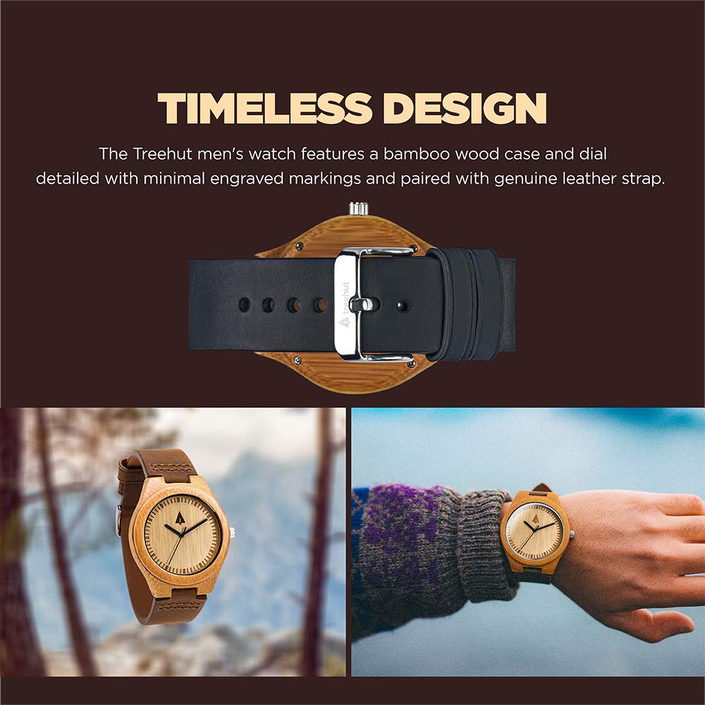 Treehut Wooden Watches for Men, Japanese Quartz Movement, Stylish Exotic Wrist Watch with Adjustable Stainless Steel Buckle, Leather Straps, Watch Made Real Wood, Relojes para Hombre