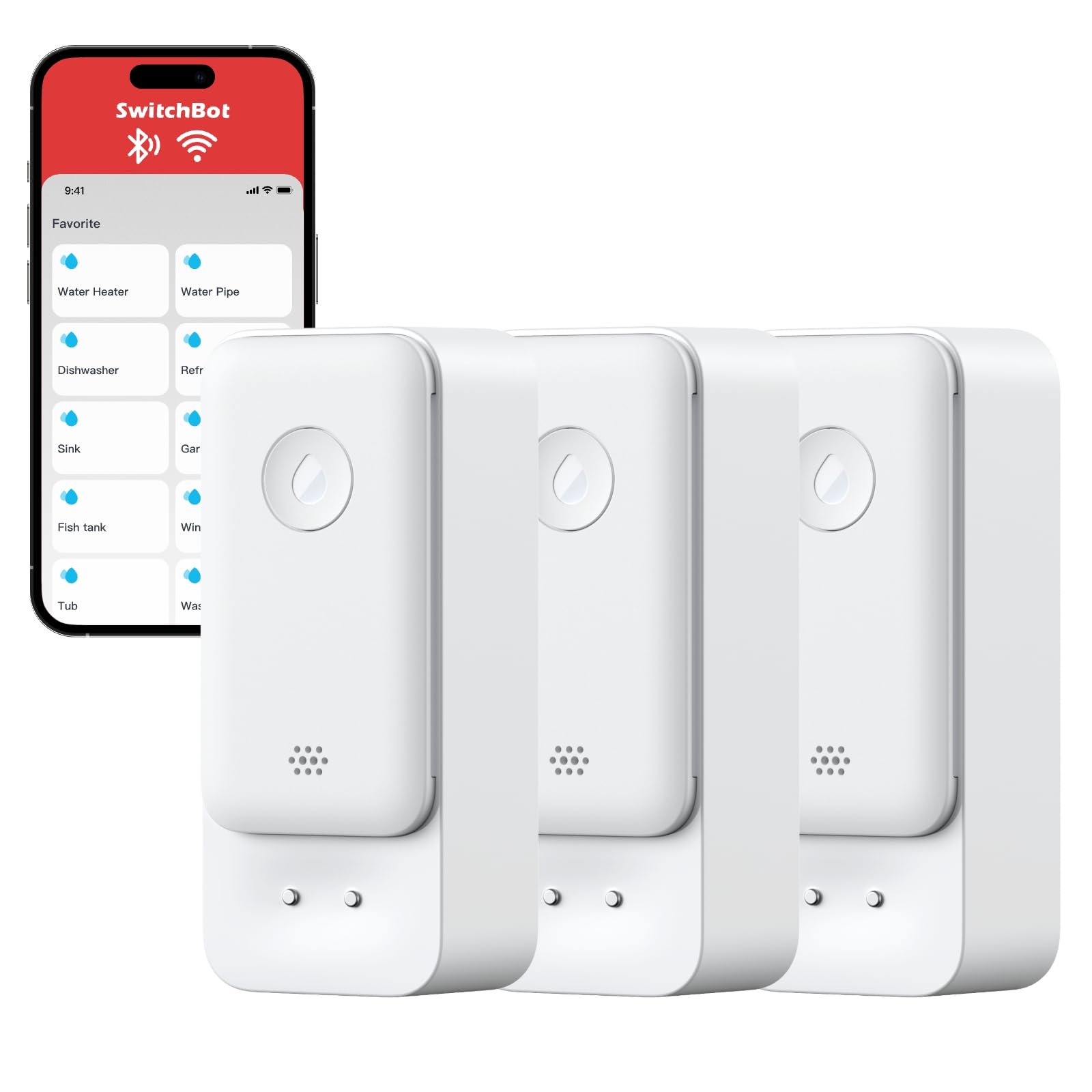 SwitchBot WiFi Water Sensor 3 Pack, Smart Water Leak Detector, 100dB Adjustable Alerts & App Alerts, IP67 Waterproof, Wireless Detector for Kitchen, Bathroom, Basement, No Hub Required (Support 2.4G)