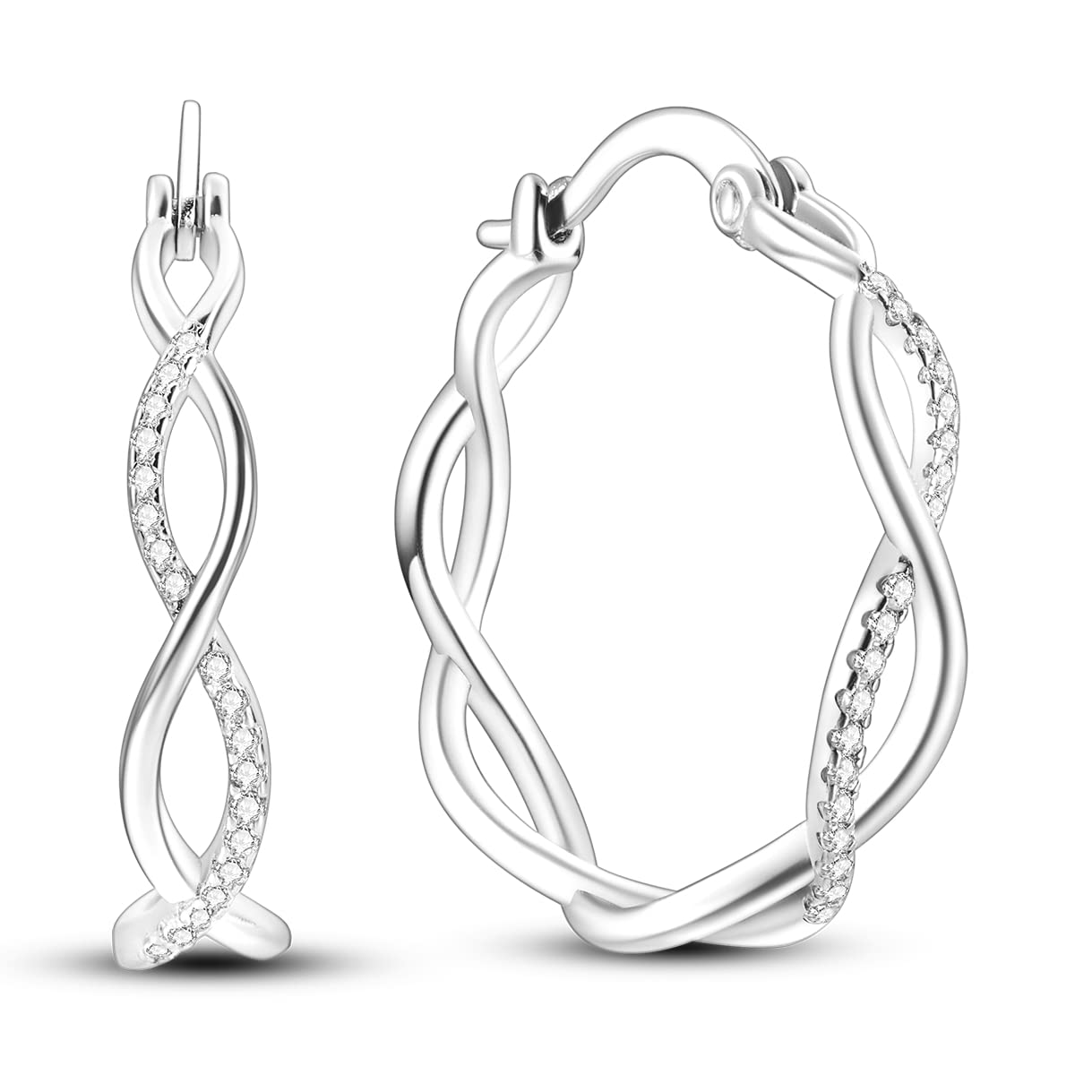 Hapour Twisted Earrings for Women & Girls - 925 Sterling Silver Huggies Hoop Earrings with White Cubic Zirconia, Small Size, Hypoallergenic Minimalist Lightweight Jewelry