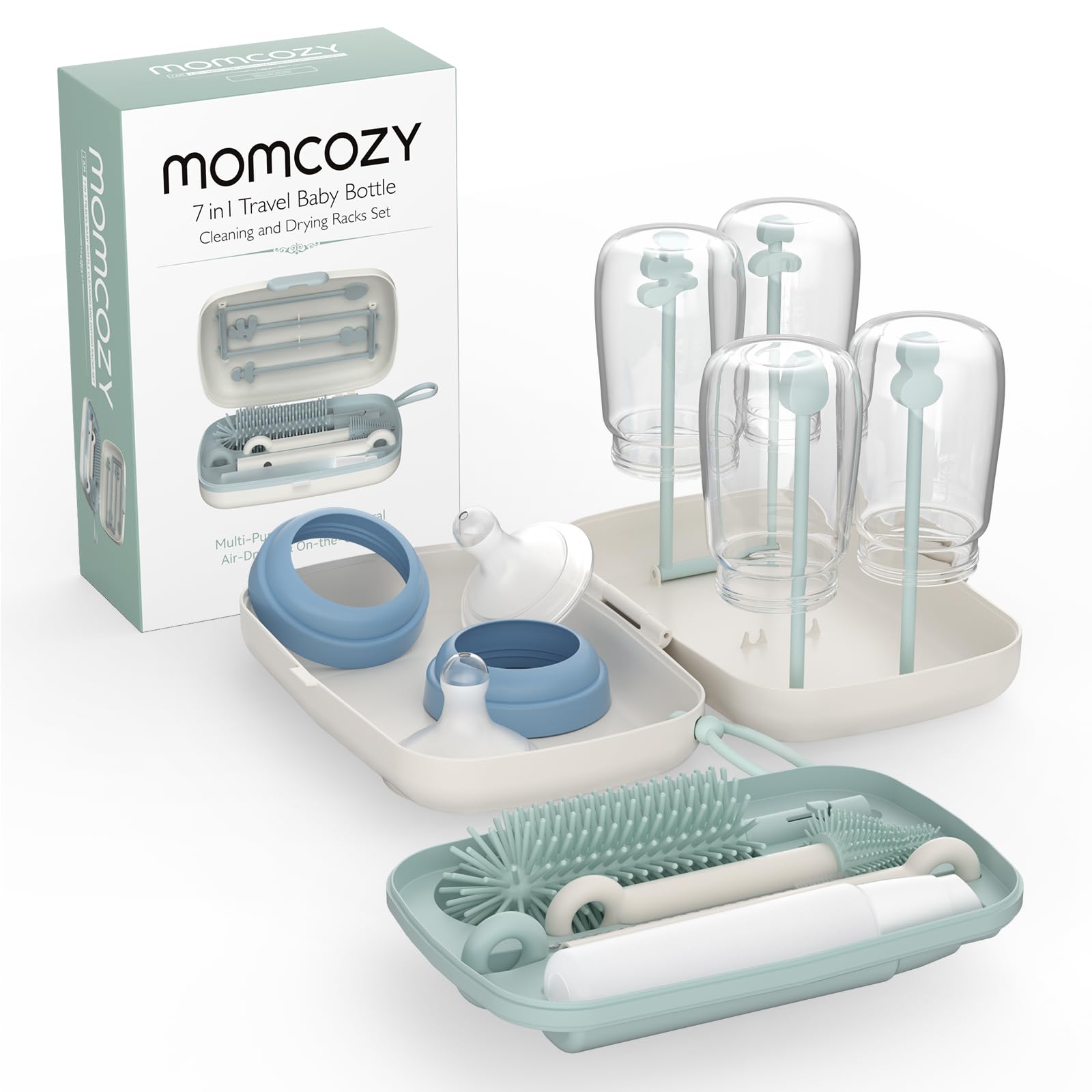 Momcozy Bottle Brush Set - Baby Bottle Cleaner Kit with Silicone Brush, Nipple Brush, Straw Brush, Soap Dispenser, Drying Rack - 7 in 1 Bottle Cleaning Tool for Home and Travel