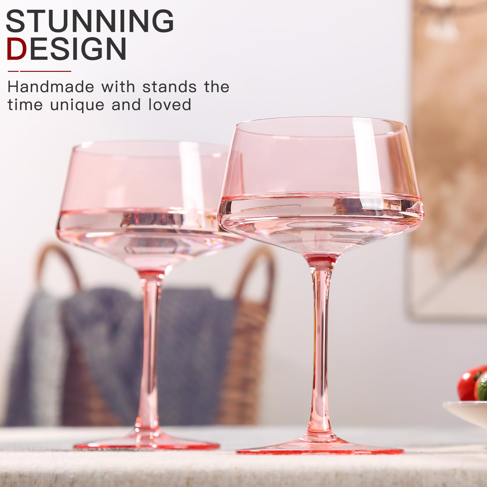 Pink Coupe Glasses Set of 6 - 13 oz Large Capacity Martini Glassware - Versatile Tall Cocktail Glasses- Hand-Blown Colored Champagne Coupe Glass-Art Deco Cocktail Glasses Set-Wedding,Christmas Gifts