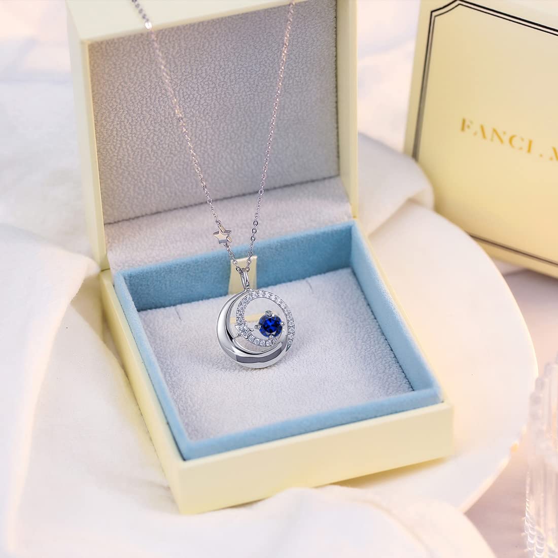 FANCIME Moon Star Necklaces September Birthstone Blue Sapphire Pendant Jewelry 925 Sterling Silver Birthday Anniversary Christmas Gifts for Women Mom Daughter, Adjustable Chain 16"+2"