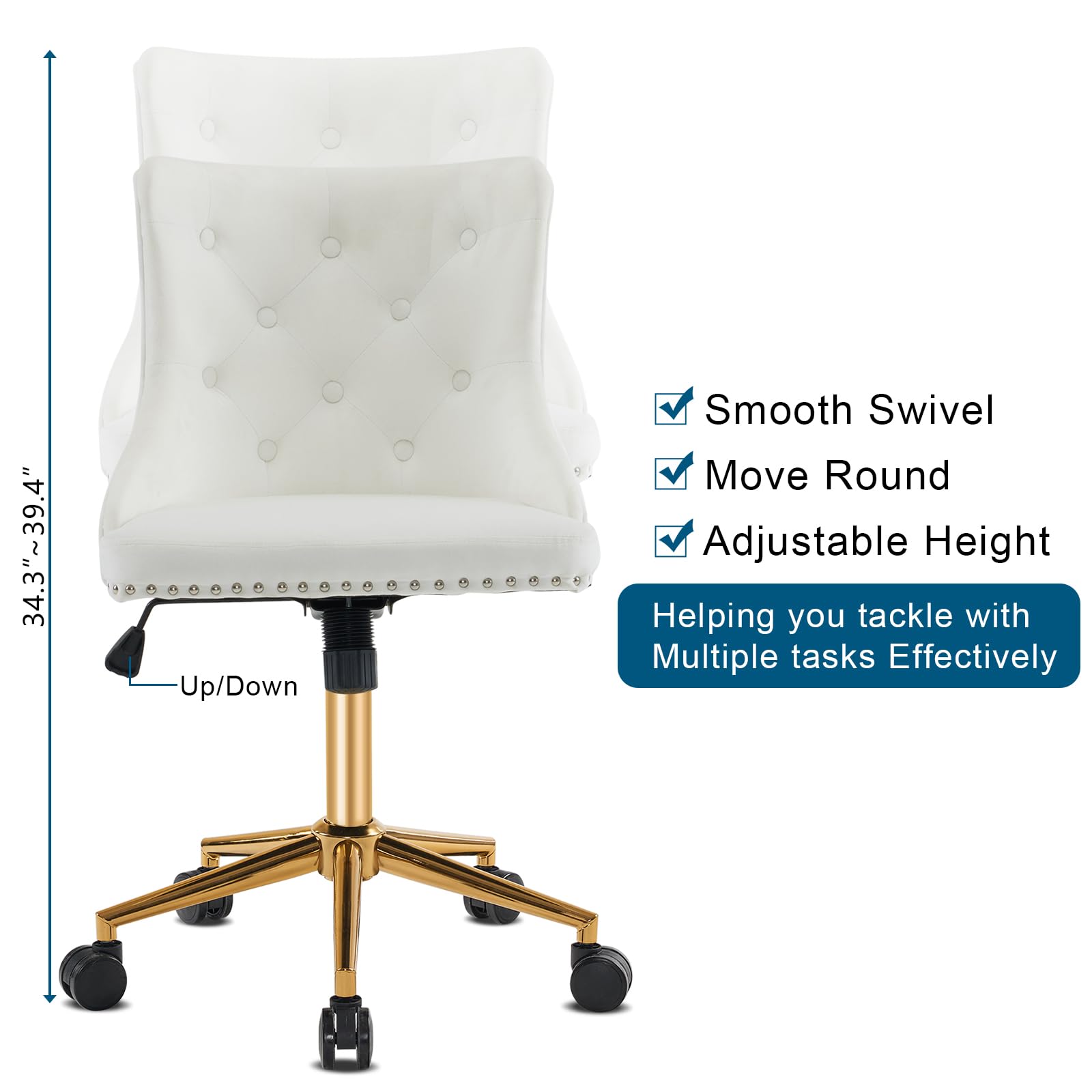 VINGLI White Velvet Armless Home Office Desk Chair with Gold Base/Wheels, Small Cute Vanity/Makeup Chair with Back for Bedroom, Upholstered Adjustable Rolling Swivel Nail Chair for Women/Girls