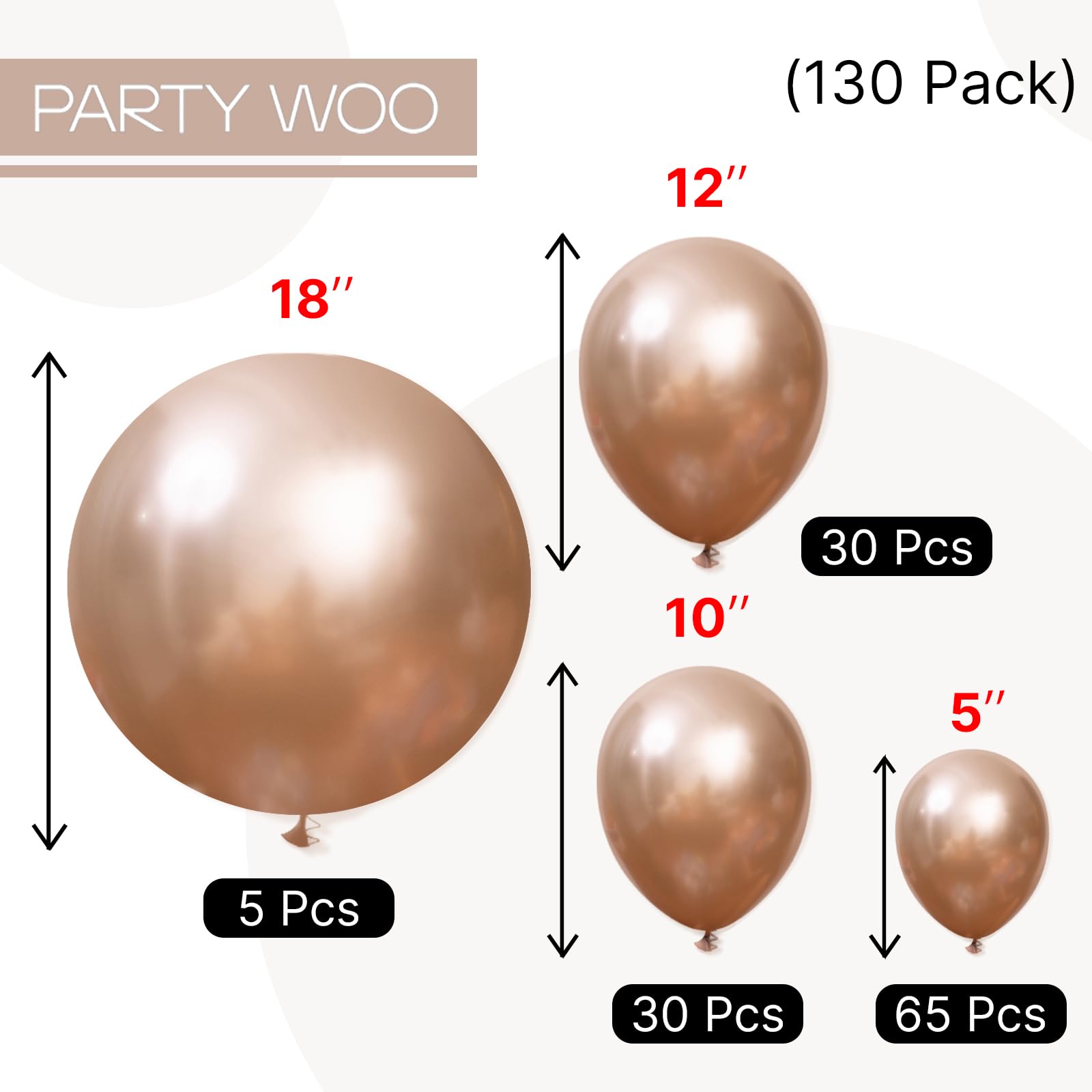 PartyWoo Metallic Champagne Gold Balloons, 130 pcs Champagne Gold Balloons Different Sizes Pack of 18 Inch 12 Inch 10 Inch 5 Inch for Balloon Garland or Arch as Birthday Decorations, Party Decorations